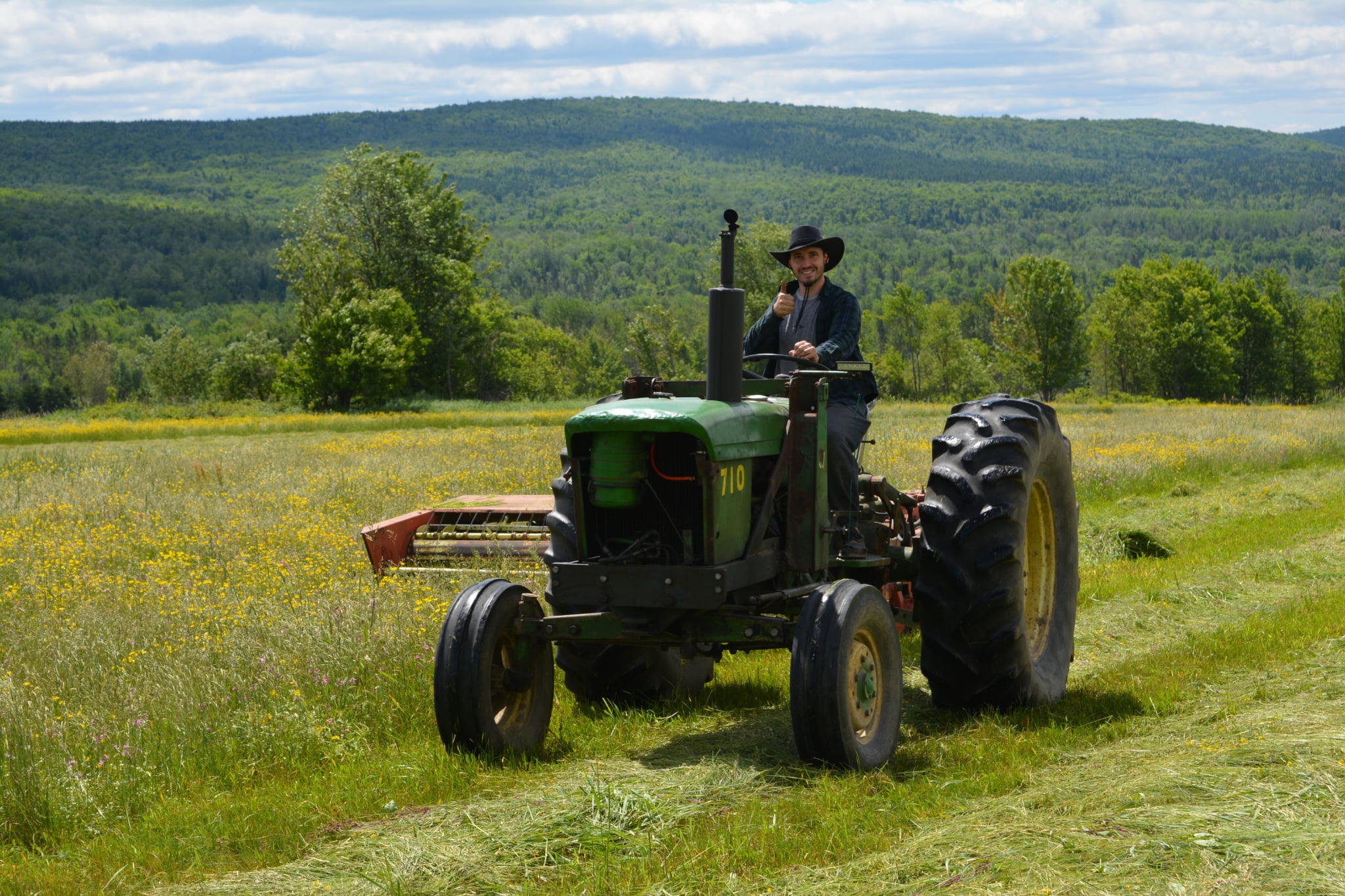 Le copropriétaire Jonathan sur le tracteur dans le champ de foin